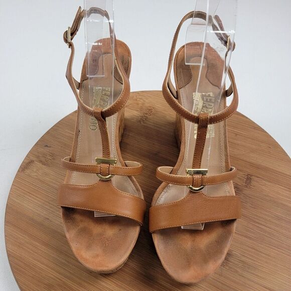 Salvatore Ferragamo Platform Cork Wedges Brown Leather Sandals Size 8.5 B Italy - Picture 2 of 16